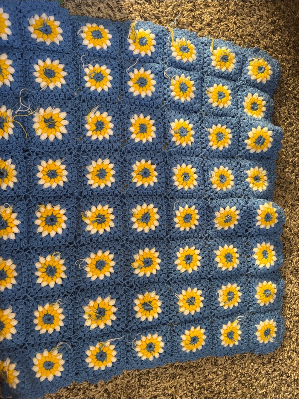 Handmade Crochet Square Blanket with Blue, Yellow & White Floral Motif